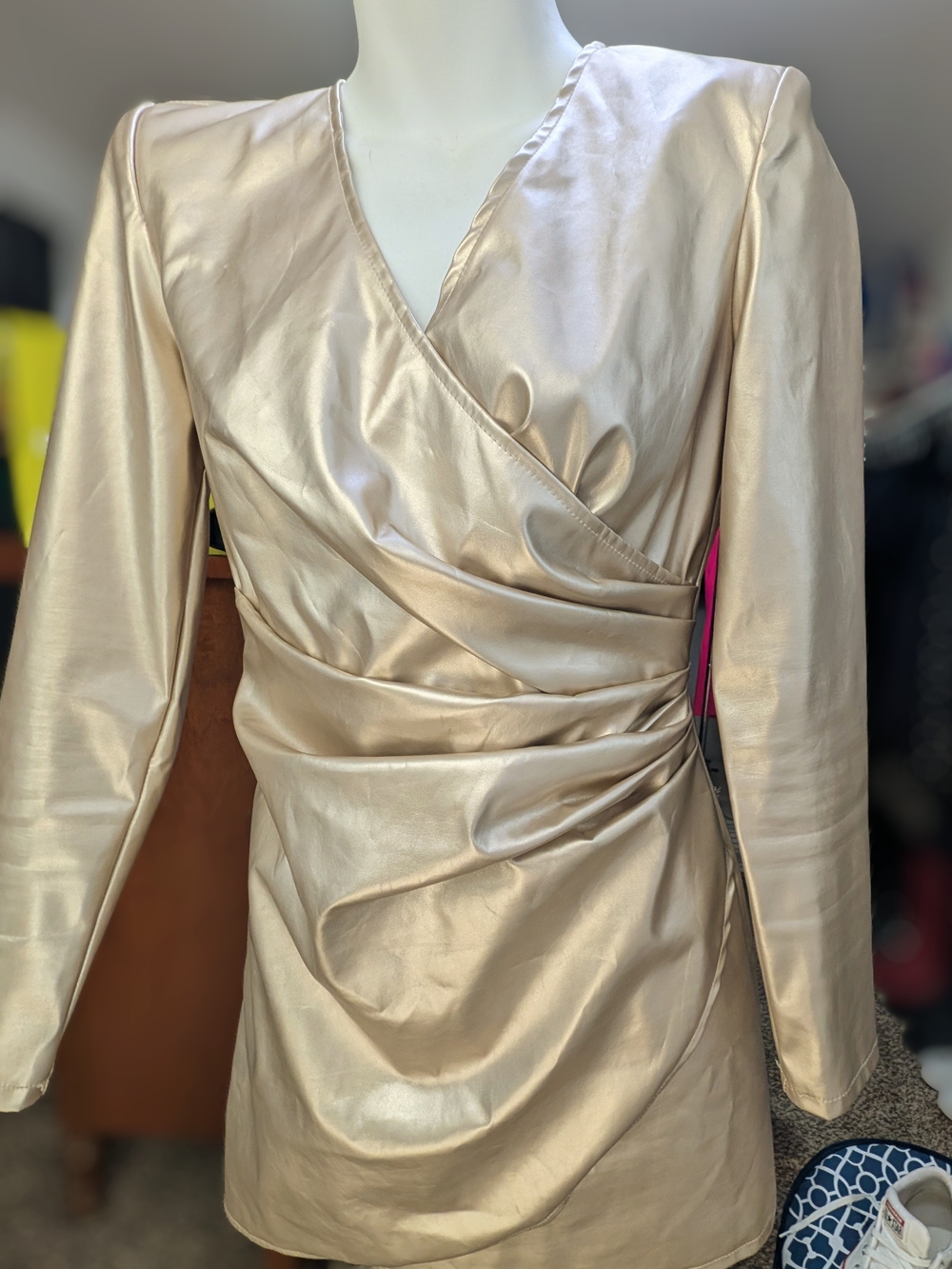 Leatherette Wrap-Style Long Sleeve Mini Dress in Champagne
